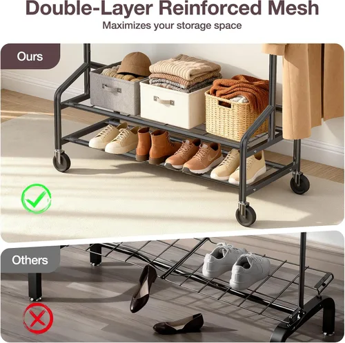 Miniatura 3 de Perchero de ropa resistente, 650 libras de carga para colgar ropa con 2 estantes resistentes, perchero de metal con ruedas para dormitorio