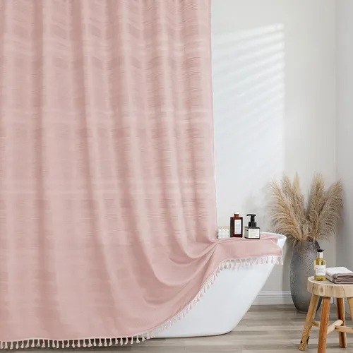 Miniatura 18 de OVZME Cortina de ducha bohemia negra, cortina de ducha estrecha de tela suave a rayas de lino texturizado con borla, moderna decoración de baño