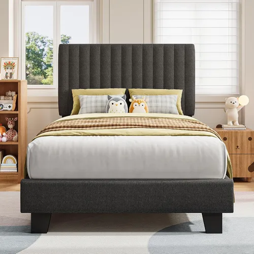 Miniatura 13 de iPormis Base de cama tamaño individual, cama tapizada con plataforma con cabecero de lino vertical, patas de cama anchas y fuerte soporte