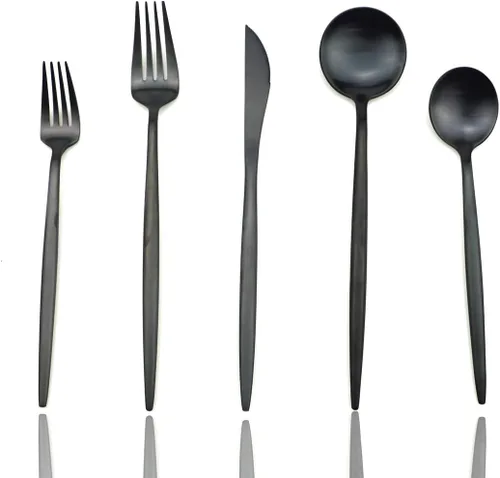 JASHII Juego de 20 cubiertos de acero inoxidable 304 negro mate para el hogar, juego de vajilla de cocina con cuchillo/tenedor/cuchara servicio para