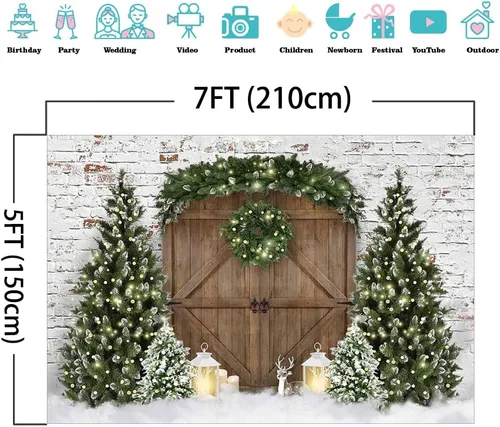 Miniatura 3 de Mocsicka Telón de fondo de fotografía de casa de madera de Navidad, árbol de Navidad, corona de nieve, fondo fotográfico, puerta de granero rústica