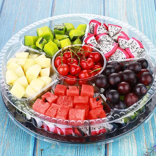 Miniatura 4 de 10 bandejas redondas de plástico para aperitivos con tapa, bandeja dividida para servir, bandejas desechables para almacenamiento de alimentos