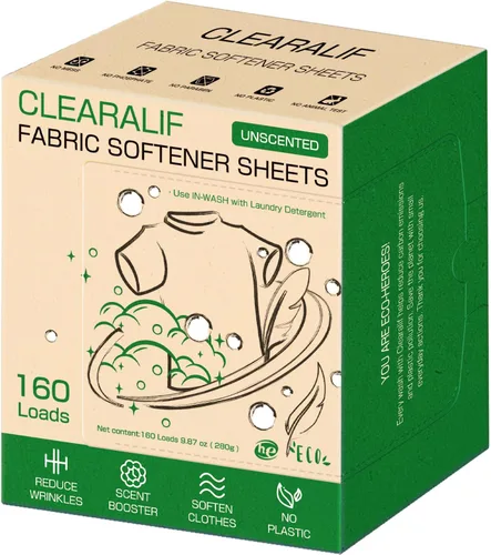 CLEARALIF Hojas suavizantes de tela para lavandería, sin perfume, 160 cargas, respetuoso del medio ambiente, ideal para viajes, apartamentos,