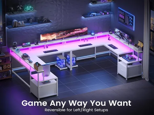 Miniatura 8 de SEDETA - Escritorio gaming en L, para oficina, casa, de 66 pulgadas, con cajón para archivos, toma de corriente, luces LED, repisa para monitor