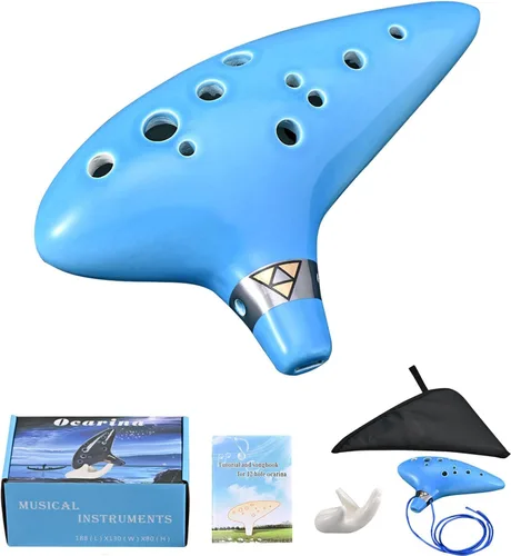 Miniatura 8 de Ocarina Piccolo de cerámica Alto C de 12 agujeros, regalo de instrumento musical para adultos principiantes con soporte de exhibición, libro de Azul