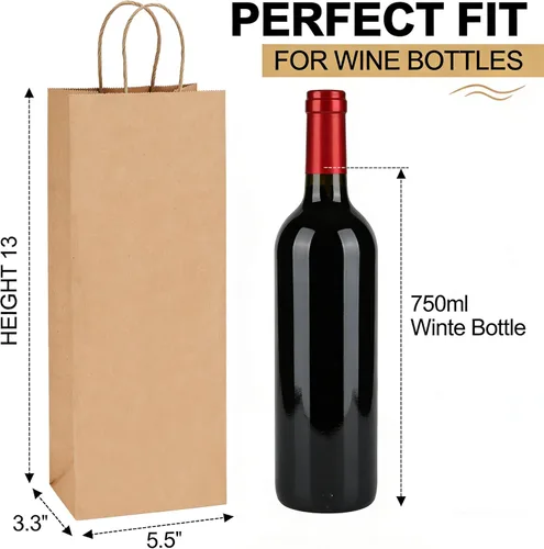 Miniatura 3 de WUWEOT Paquete de 50 bolsas de papel para vino, 5.6 x 3.3 x 12.6 pulgadas, bolsa reciclable de vino marrón, bolsa de regalo de papel kraft