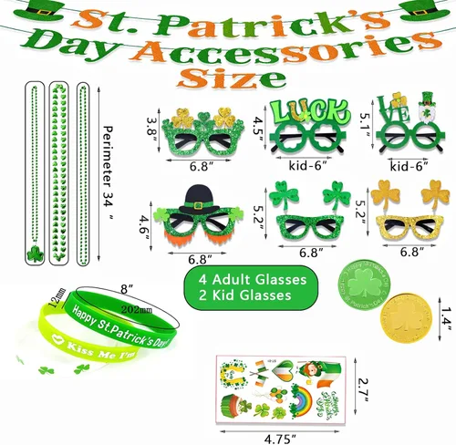 Miniatura 3 de Juego de 156 accesorios para el día de San Patricio, vasos de trébol de 6.8 pulgadas, collares de cuentas de 34 pulgadas, pulseras de goma, monedas