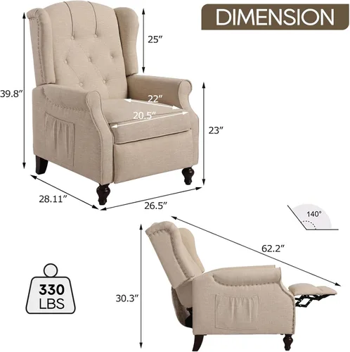 Miniatura 2 de Silla reclinable PALLOME con respaldo alto, asiento con masaje y calor, tapizado de tela, con respaldo acolchado, silla reclinable para sala de Beige