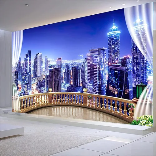 Miniatura 3 de Hermoso papel tapiz 3D con vista nocturna de la ciudad, vista nocturna fuera de la ventana, papel tapiz fotográfico para sala de estar, dormitorio