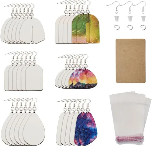 Spritewelry 18 pares de productos de sublimación en blanco para sublimación, aretes de MDF sin terminar con tarjetas, anillos de salto, ganchos para