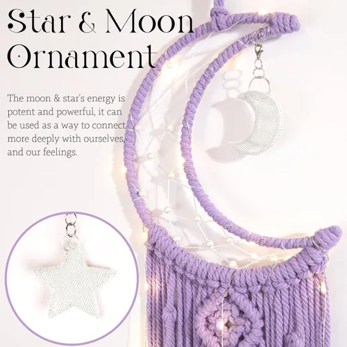 Miniatura 2 de Colgante de pared tejido de macramé bohemio para niña, atrapasueños de luna creciente y estrella de ganchillo con luz, algodón morado, hecho a mano