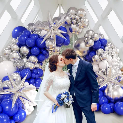 Miniatura 6 de FOTIOMRG Kit de arco de guirnalda de globos azul real y plateado de 131 piezas, globos azul real blanco plateado de confeti para decoraciones
