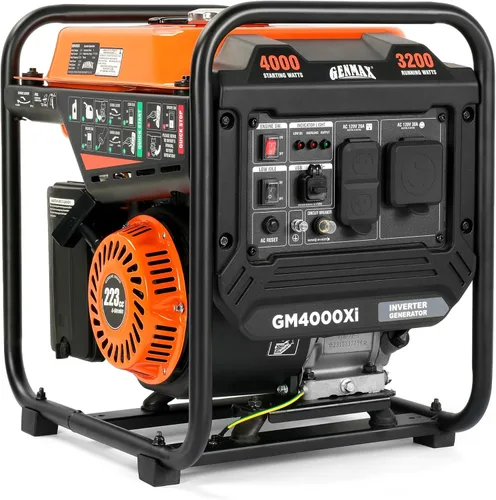 GENMAX Generador inversor portátil de marco abierto de 4000 W, motor de 223 cc, con salida de RV de 30 A, potencia limpia (<5% THD) para campamento,