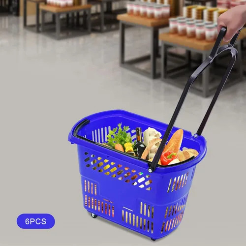 Miniatura 3 de Carrito de compras de 6 piezas, moderno carrito de compras de 35 l/9.2 galones con ruedas y asa, cesta de compras de PP independiente carrito de Azul