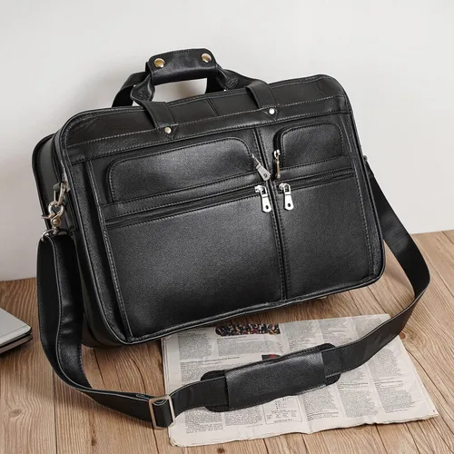 Miniatura 2 de Maletín de cuero de grano completo para hombre grande de 17 pulgadas de viaje de negocios bolsa de mensajero portátil con cremalleras de metal YKK