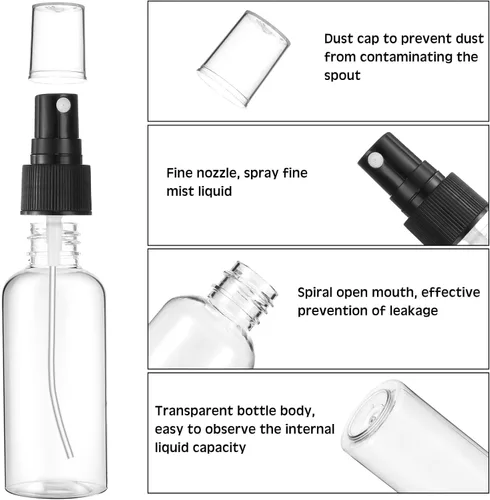 Miniatura 3 de Roshtia 50 Pcs 2 oz Plastic Mini Spray Bottles with Black Cap Clear Empty Fine Mist Spray Bottles Refillable Liquid Container for Essential Oils