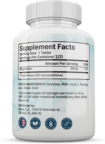 Miniatura 2 de Tabletas de agua de hidrógeno molecular (8 ppm) 120 tabletas de hidrógeno para agua potable magnesio, ácido málico y L-tartárico Suplemento