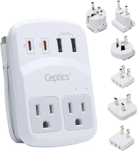 Kit de adaptador de viaje mundial Ceptics 2 USB-A, USB-C, tomas de corriente EE. UU., entrega de potencia 20W/QC 18W, protección contra