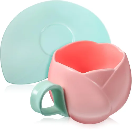 UPKOCH Juego de tazas de café de cerámica con diseño de tulipán retro con platillos para uso diario en la cocina