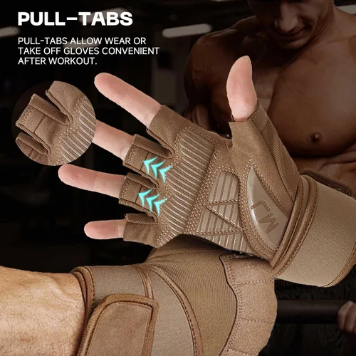 Miniatura 3 de Guantes de entrenamiento para hombre para levantamiento de pesas - Guantes de ejercicio para hombres y mujeres con soporte para muñequera, Marrón
