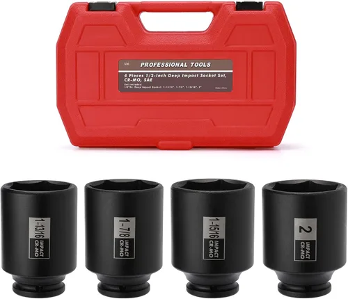 Miniatura 7 de Mayouko Juego de 4 llaves de vaso de impacto para tuerca de eje de husillo de 1/2", 1-13/16, 1-7/8, 1-15/16, 2 pulgadas, CR-MO, profundo, 6 puntos