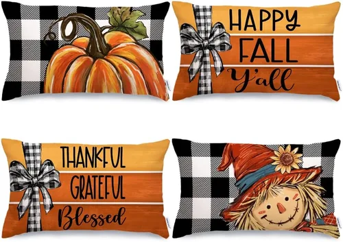 Miniatura 22 de GEEORY Juego de 4 fundas de almohada de otoño de 18 x 18 pulgadas, diseño de calabazas y tarros de masón, decoración agradecida, fundas de cojín