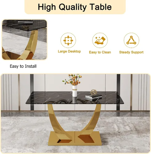 Miniatura 6 de Mesa de comedor moderna para mesa de comedor de mármol sintético de 4/6, 63 pulgadas, mesa de cocina rectangular, mesa de cocina y comedor de fácil
