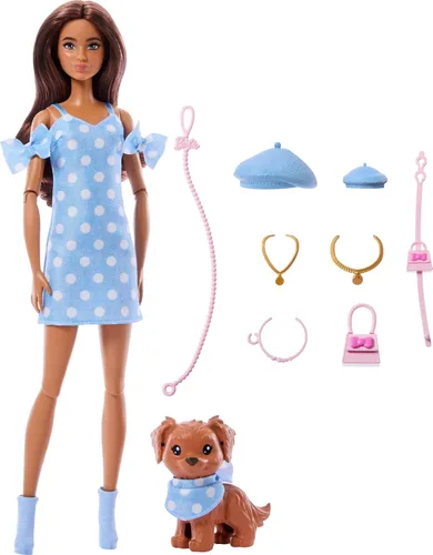 Muñeca Barbie Twinning Looks con perro mascota en ropa y accesorios a juego de lunares azules para ambos, con gorras y bolsos, pelo castaño
