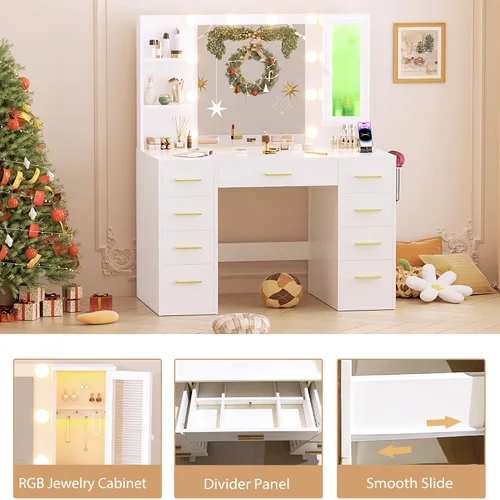 Miniatura 7 de ERLEJIA Escritorio de tocador con espejo y luces, escritorio grande de maquillaje blanco de 43 pulgadas con 9 cajones y toma de corriente, 3