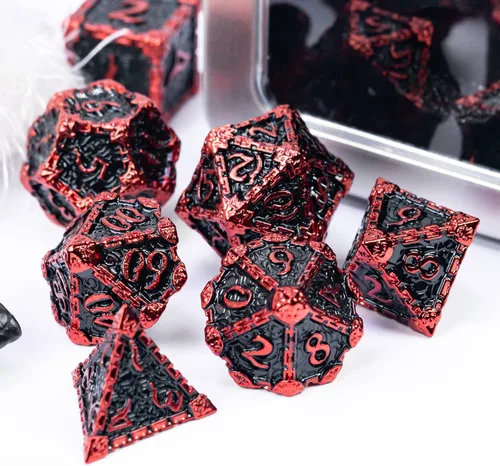 Miniatura 3 de Cusdie 7 dados de metal con caja de metal, juego de dados poliédricos DND con diseño de daga, para juegos de rol, dados D&D (negro con fuente roja)