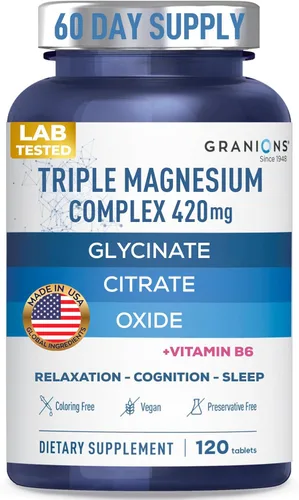 Granions Complejo triple de magnesio + vitamina B6-420 mg de óxido de citrato de gylcinato de magnesio elemental, fabricado en Estados Unidos,
