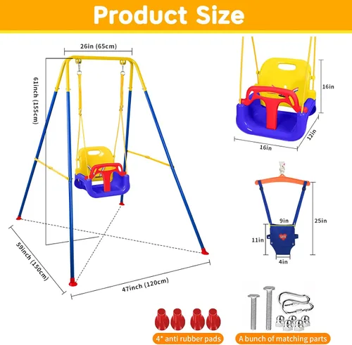 Miniatura 2 de Juego de columpio 4 en 1 para niños pequeños y jersey para bebé, columpio resistente para niños con rebotador, soporte plegable de metal