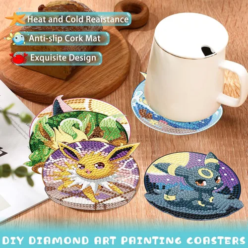 Miniatura 8 de LWZAYS Kit de posavasos de pintura de diamante, paquete de 8 posavasos de arte de diamantes de dibujos animados con soporte, kits de manualidades