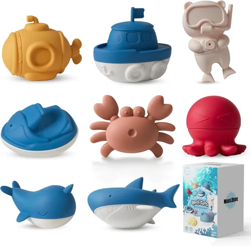 MarcZero Juguetes de baño de silicona oceánica, 8 piezas para niños pequeños, juguetes de agua para la bañera, juguetes de piscina suaves y