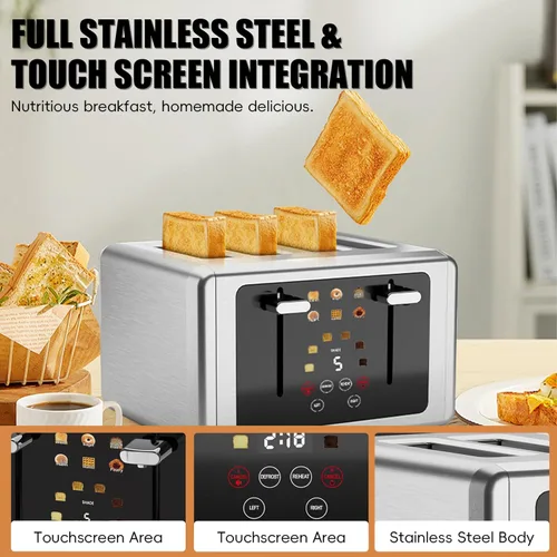 Miniatura 6 de WUNLY Tostadora de 4 rebanadas, pantalla táctil y panel de control independiente dual, 5 funciones básicas y tostadoras con cuenta regresiva