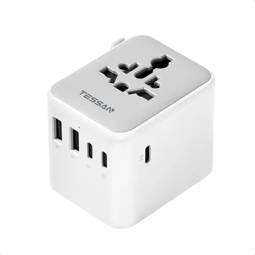 TESSAN Adaptador de viaje universal de 28 W, adaptador de corriente internacional con 3 puertos de carga USB C 2 USB A, adaptador de enchufe mundial