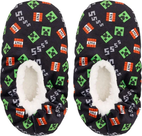 Minecraft Pantuflas tipo calcetín para niños, estampado de videojuegos Allover Creeper, color negro, niño pequeño y grande
