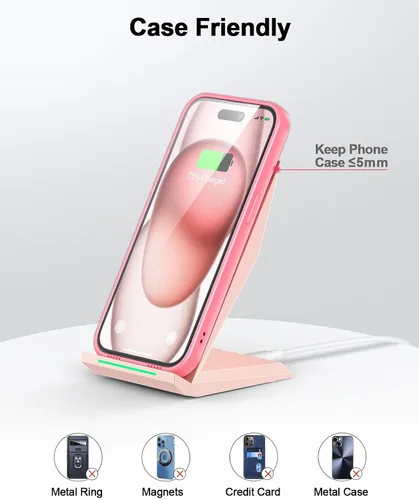 Miniatura 6 de Cargador inalámbrico con cargador de teléfono USB C, soporte de carga certificado Qi con adaptador PD de 20 W compatible con iPhone 17/17 Rosa