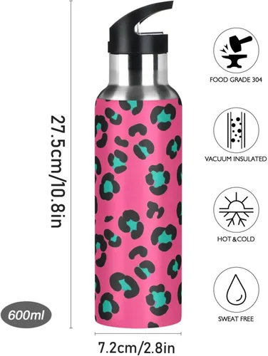 Miniatura 9 de Leopard Spots Pink Stainless Steel Water Bottle 32 Oz, BPA-Free Sports Water Bottle with Straw Leakproof Water Bottles