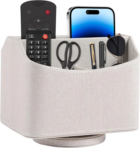 Soporte de cuero para control remoto giratorio de 360 grados, organizador giratorio de escritorio para mandos a distancia de TV, bolígrafo, Beige