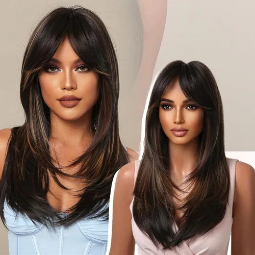 Miniatura 16 de Allbell - Peluca larga y lacia para mujer, color ombré castaño claro a rubio con flequillo, con reflejos, de cabello sintético, resistente al calor
