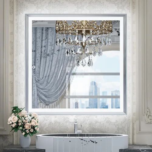 Miniatura 23 de TETOTE Espejo LED dorado para baño, marco de metal de 20 x 28 pulgadas, espejo de tocador iluminado frontal y retroiluminado, barroco, antiniebla