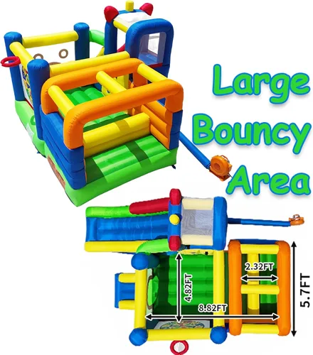 Miniatura 2 de Casa de rebote inflable HuaKastro - Área de juego inflable con obstáculo de barra transversal en gran área de rebote, 1x tobogán alto y 1x pequeño