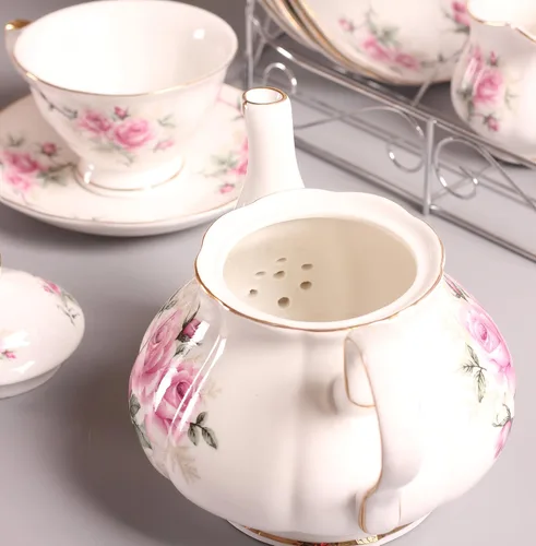 Miniatura 5 de Juego de tazas de café europeas de China de 15 piezas, juego de tazas de té de porcelana de cerámica con soporte de metal, juegos de regalo de té