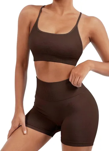 Miniatura 2 de SUUKSESS Conjuntos de entrenamiento sin costuras para mujer, sujetador deportivo con tiras y cintura alta, pantalones cortos