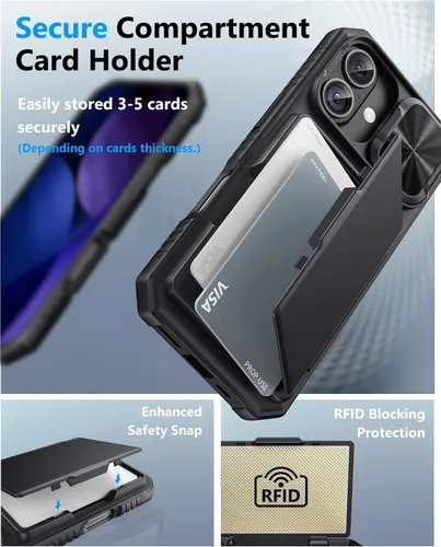 Miniatura 3 de ATATOO Funda tipo cartera para iPhone 17, tarjetero integrado (3-5 tarjetas), funda para cámara deslizante y bloqueo RFID, protección de grado Negro