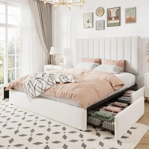 Miniatura 9 de Allewie Base de cama de almacenamiento tamaño completo, cabecera ajustable con canal vertical acolchado, plataforma tapizada de terciopelo con 4