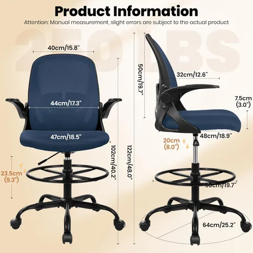 Miniatura 3 de Primy Silla de Dibujo Silla Alta de Oficina con Reposabrazos Abatibles Silla Ejecutiva Ergonómica de Computadora para Escritorio de Pie con Soporte