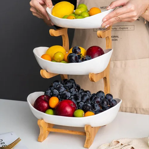 Miniatura 3 de jessie Cesta de frutas de 3 niveles, soporte de cerámica de gran capacidad, bandeja de bambú para servir frutas, aperitivos, nueces, pan, dulces