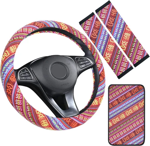 Miniatura 8 de Juego de fundas bohemias para volante, funda para cinturón de seguridad y almohadilla para reposabrazos, tela bohemia para volante de automóvil